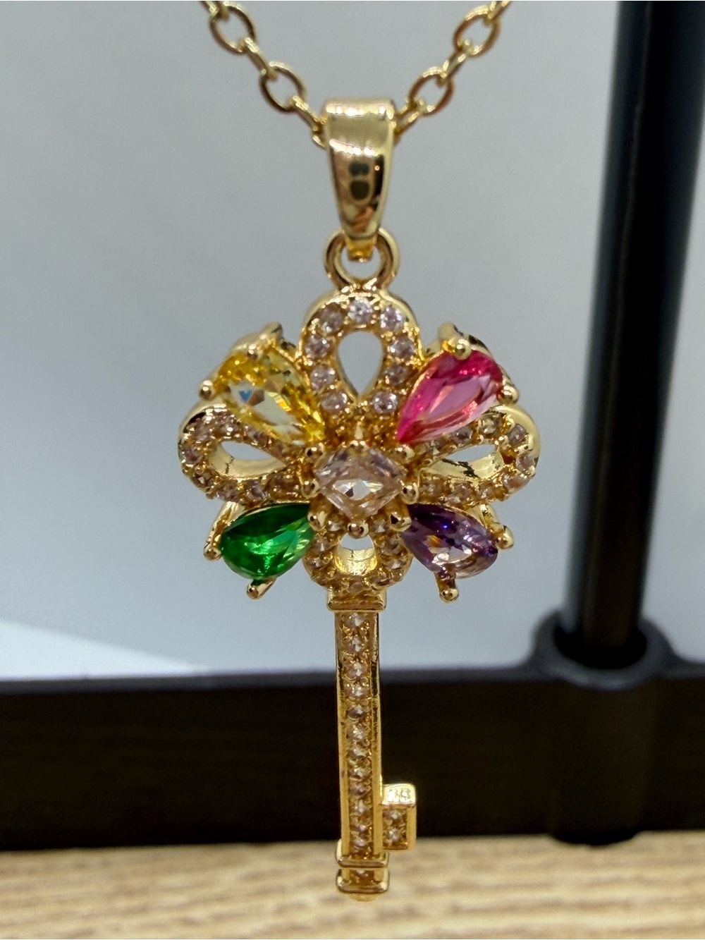 Gold-Tone Multi-Gem Key Pendant Necklace in Green, Pink, Yellow, Purple